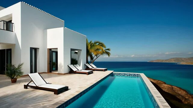 A white house with a pool and a balcony overlooking the ocean. The pool is surrounded by white lounge chairs