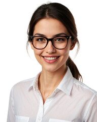 Portrait of a smiling young businesswoman wearing glasses, isolated on transparent background
