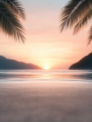 Tropical Beach Sunset: Tranquil waters reflect a vibrant sky framed by silhouetted palm leaves