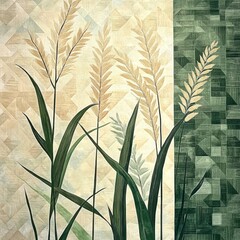 Abstract Botanical Design with Green and Beige Textures and Shapes