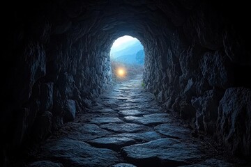 Naklejka premium Stone tunnel reveals distant light illuminating a rocky path into the unknown