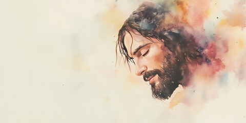 Obraz premium A delicate watercolor painting of Jesus, with soft pastel washes blending into the paper, creating a luminous and peaceful presence, with copy space