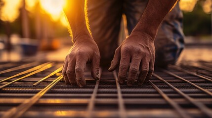 Construction worker placing rebar, sunset site