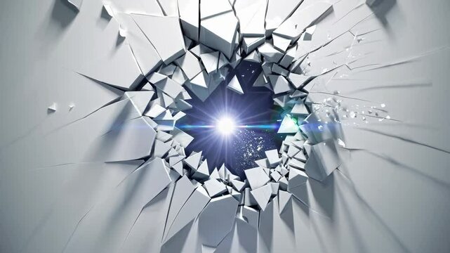 Dynamic video concept with a close-up angle of a 3D shattered wall, revealing a bright light. Modern, abstract style with dramatic impact.