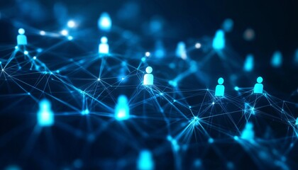 Fototapeta premium Abstract blue background featuring social network connections and people icons in geometric design