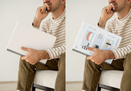 Mockup Of Man With A4 Customizable Magazine, Thinking