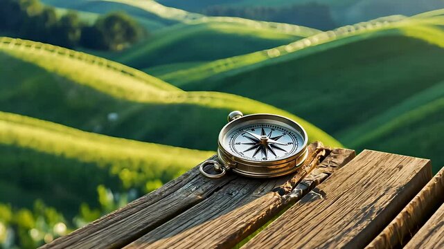 Vintage compass resting on a weathered wooden surface with rolling green hills in the background
