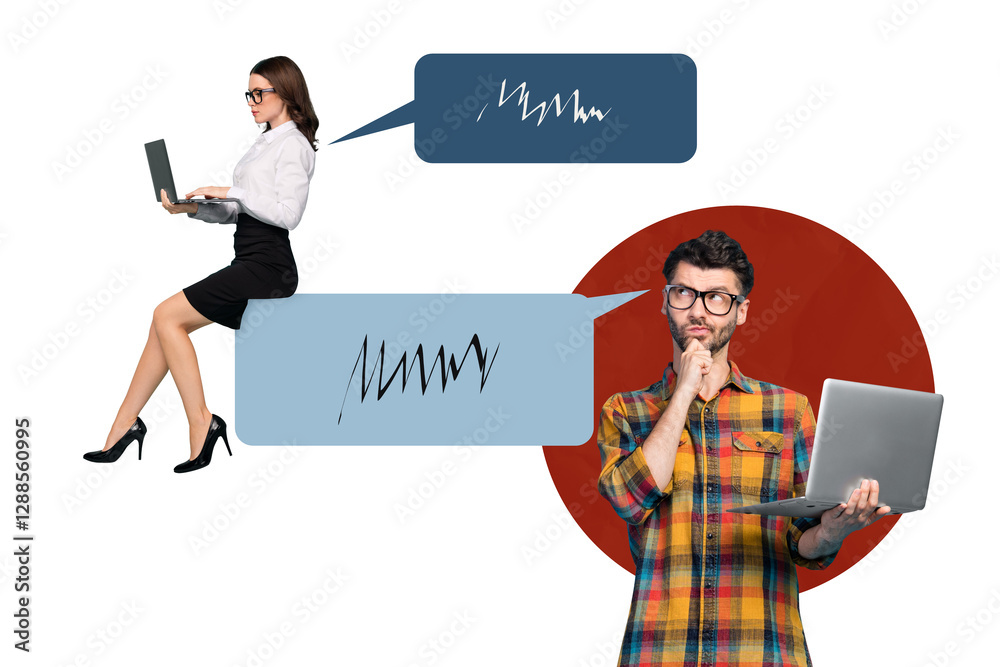 Aufkleber creative abstract template graphics collage image of thoughtful workers chatting modern devices isol