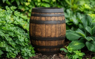 Oak wooden barrel vintage charm rustic decor in garden setting.