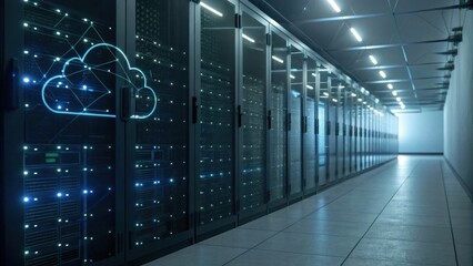 Cloud Data Center: A modern data center showcases rows of servers, illuminated by cool lighting, with a digital cloud graphic overlay.