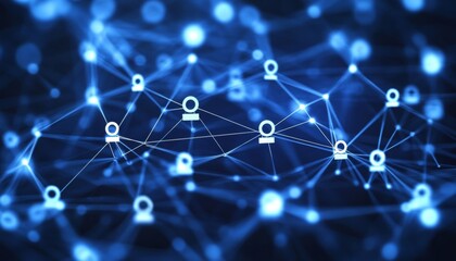 Abstract blue background with social network connections and people icons in geometric design