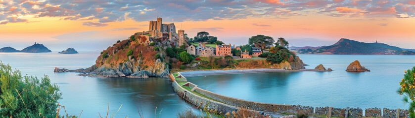 Naklejka premium A picturesque island at sunset, featuring a castle, a charming village, and tranquil waters, creating a serene coastal landscape.