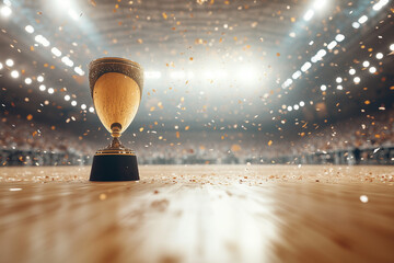 A grand golden trophy standing tall on a basketball court, illuminated by bright stadium lights with confetti in the air.

