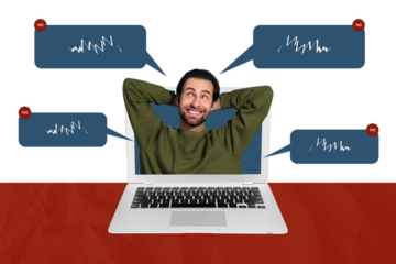 Collage 3d pop sketch image of lazy smiling guy having deadline unanswered messages isolated painting background