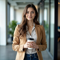 Fototapeta premium Young woman in a tan blazer holding a coffee cup in a well-lit office corridor.