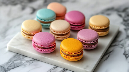 Fototapeta premium Vibrant Macarons Displayed on Marble Tray