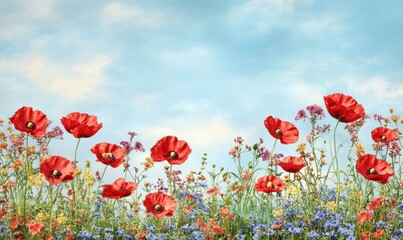 Obraz premium Vibrant field of red poppies and colorful wildflowers under a serene blue sky