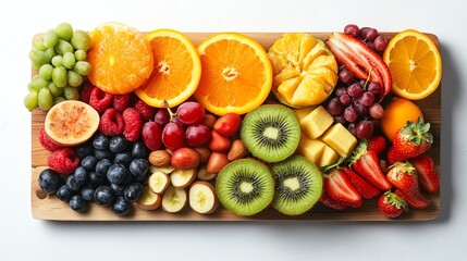 Colorful Fruit Platter with Oranges, Berries, and Kiwi on Wood Board