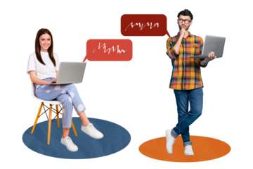 Sketch image composite artwork 3D collage of two people couple friends man lady hold in hand laptop have conversation get sms chat cloud