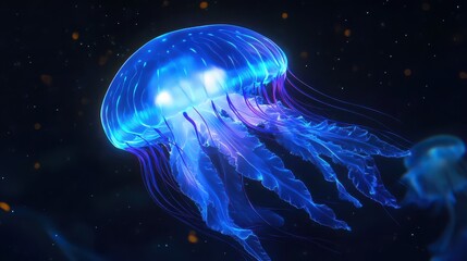 Obraz premium A bright, bioluminescent jellyfish floating serenely in the dark depths of the ocean, glowing in soft blues and purples.
