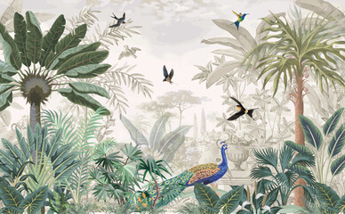 Mural de naturaleza tropical wallpaper, Mughal wallpaper, birds, peacock, Watercolor background. © Sharif