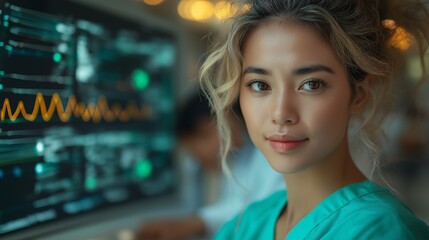Naklejka premium Confident Asian Female Nurse in Modern Medical Facility with Advanced Monitoring Equipment, Symbolizing Healthcare Excellence and Patient Care in a Professional Environment with Warm and Cool Tones