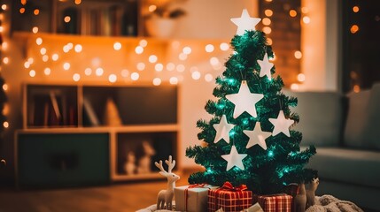 Cozy Christmas Tree Decorated with Stars and Lights Surrounded by Gifts in a Festive Living Room