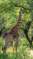Obraz premium A giraffe stretching its long neck on the fresh green leaves of an acacia tree