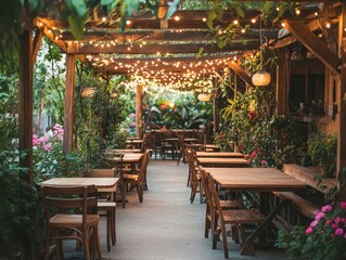 Obraz premium Enchanting Outdoor Restaurant at Night: Serene Garden Dining Under String Lights