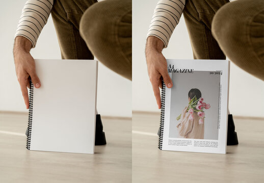 Mockup Of Man Crouching With A4 Magazine, Customizable