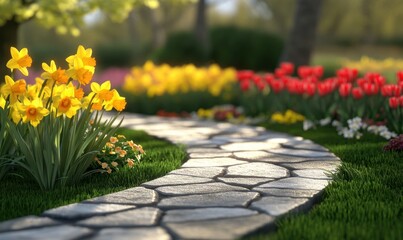 Vibrant spring garden with blooming flowers along a winding stone pathway in sunlight