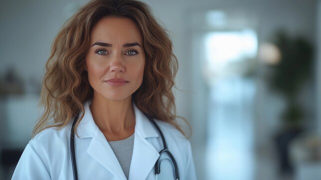Closeup portrait of young female doctor wearing professional attire with stethoscope in a modern hospital. Healthcare, hospital, clinic, medical centre poster, banner.  World Health Day