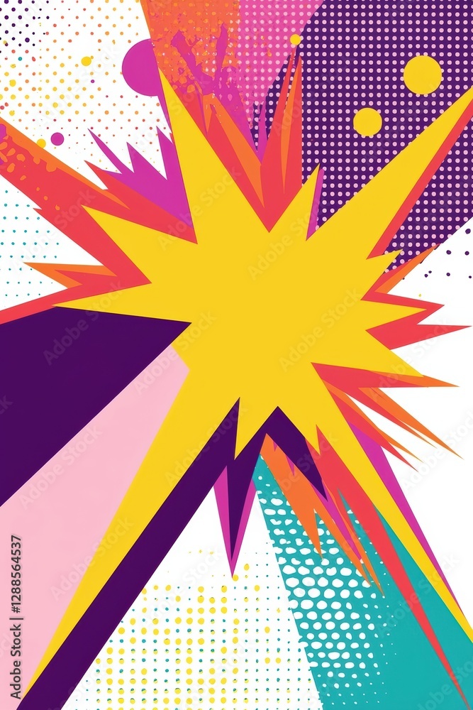 Poster retro 90s style pop art pattern with vibrant colors and dynamic shapes, creating an energetic visual