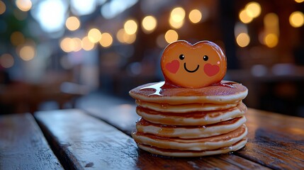 A chibi pancake stack with heart-shaped syrup and smiling faces