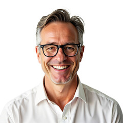 Fototapeta premium Smiling middle-aged man portrait isolated on transparent background. Cheerful, friendly for business, corporate, profile, testimonial, healthcare, education. Headshot.