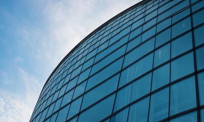 Modern building with curved glass facade reflecting sky. Contemporary architectural design against a clear blue backdrop. Copy space.
