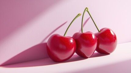 Fresh cherries casting shadows on a pink background create a vibrant scene.