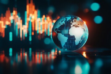 Abstract digital background featuring a glowing blue globe and stock market graph for global finance