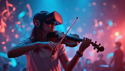 Fototapeta premium Woman wearing VR headset plays violin at augmented reality concert with virtual instruments. Interactive music visualizations. Futuristic scene with innovative technology, entertainment. New era of