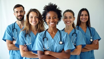 Diverse group of happy nurses wearing blue uniforms, stethoscopes, posing on white background, enjoying work. Smiling multiethnic medical team, healthcare professionals embrace confidence,