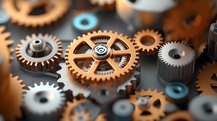 Detailed view of intricate steampunk inspired gears cogs and clockwork mechanisms made of antique brass with parchment textured central elements