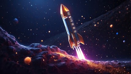 Naklejka premium Digital illustration of a rocket made of glowing orange geometric lines and points
