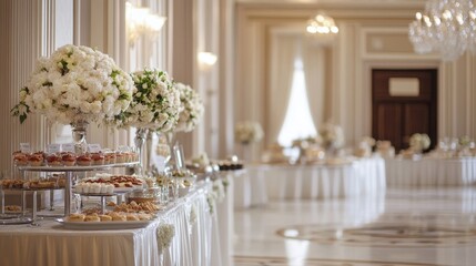 Elegant Wedding Reception Buffet Table with Floral Decor and Desserts