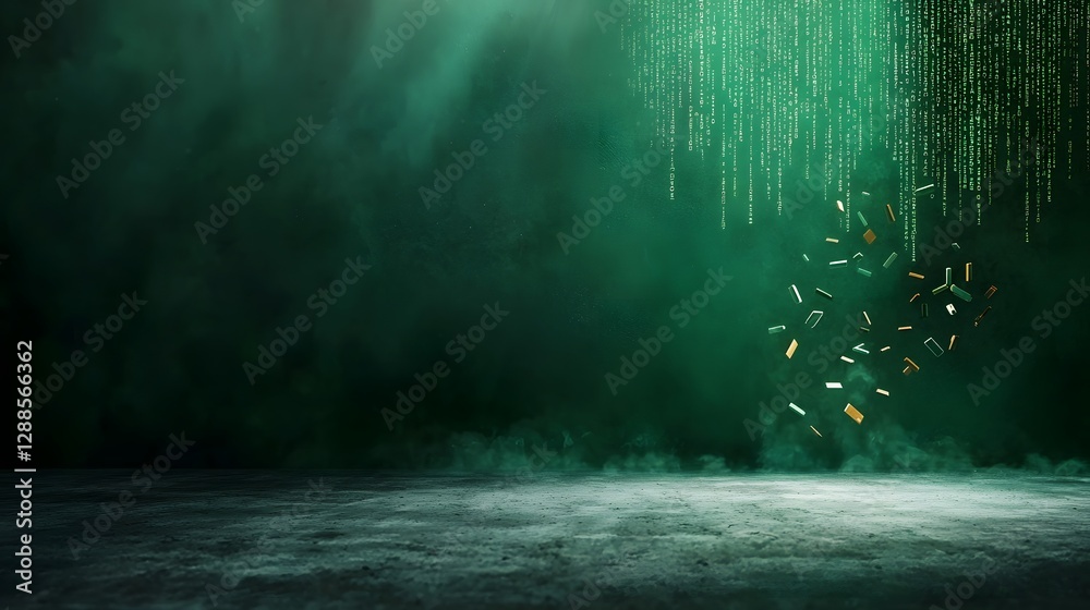 Poster digital matrix code cascading down the edges of a dark futuristic sci fi background creating a surre