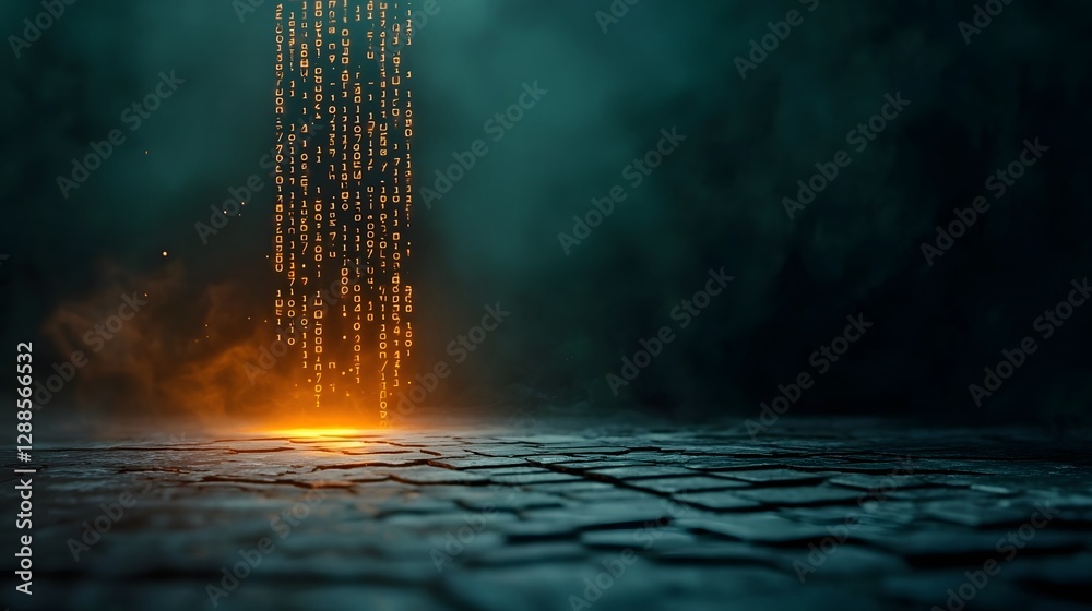 Poster digital matrix code falling from the edges in a dark sci fi background with an empty center
