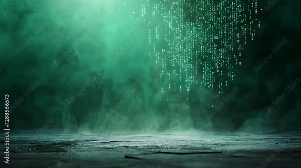 Poster digital matrix code falling from the edges of a dark moody sci fi background with a glowing neon gra