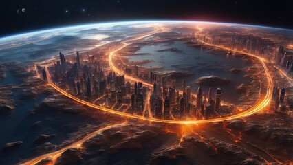 Obraz premium A view of Earth from space at night with illuminated cities connected by bright orange lines representing data connections and network activity.