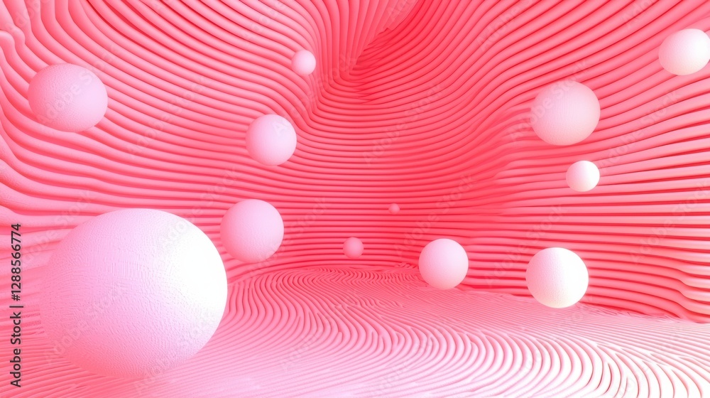 Poster generative ai featuring white and red spherical shapes, creating a dynamic and immersive environment