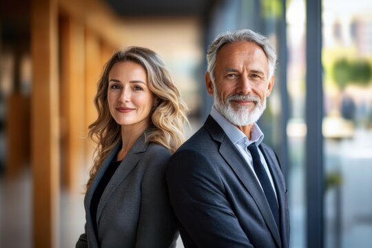 Confident senior business couple with an age difference, standing back-to-back in a modern office, leadership, success, experience, and professional partnership
