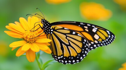 Fototapeta premium Monarch butterfly on yellow flower nature setting close-up photography vibrant environment macro viewpoint
